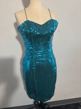 Sequined Teal Spaghetti-Strap Dress